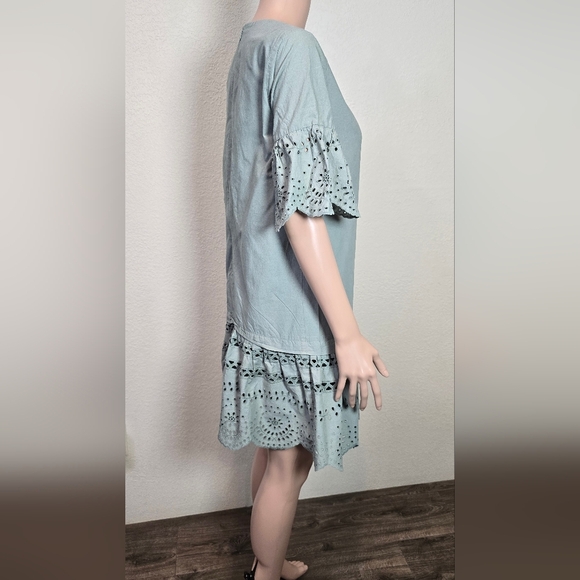 Madewell Eyelet Drop Waist Mini Dress 100% Cotton in Sage Green Size Small - Picture 5 of 11